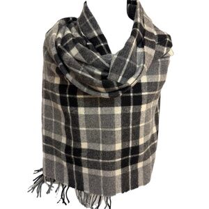 Muji 100% Wool Plaid Wrap Shawl – Grey, Black & Cream Check, with Hand Openings